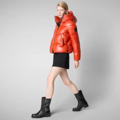 Women's Hooded Animal free Puffer Jacket Biddy in Maple Orange