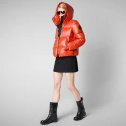 Women's Hooded Animal free Puffer Jacket Biddy in Maple Orange
