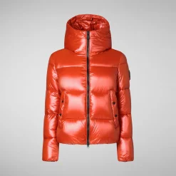Women's Hooded Animal free Puffer Jacket Biddy in Maple Orange