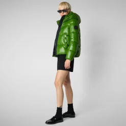 Women's Hooded Animal free Puffer Jacket Biddy in Grass Green