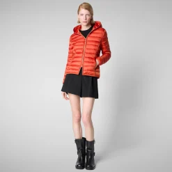 Women's Hooded Animal free Puffer Jacket Alexis in Maple Orange