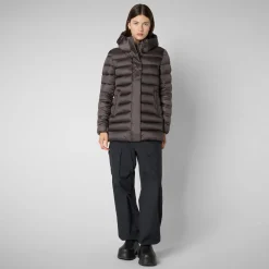 Women's Hooded Animal free Puffer Coat Drimia in Brown Black