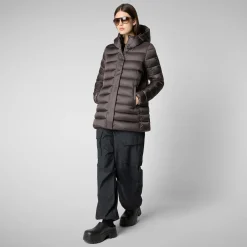 Women's Hooded Animal free Puffer Coat Drimia in Brown Black