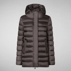 Women's Hooded Animal free Puffer Coat Drimia in Brown Black
