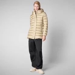 Women's Hooded Animal free Puffer Coat Drimia in Wood Beige