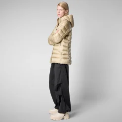 Women's Hooded Animal free Puffer Coat Drimia in Wood Beige