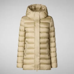 Women's Hooded Animal free Puffer Coat Drimia in Wood Beige