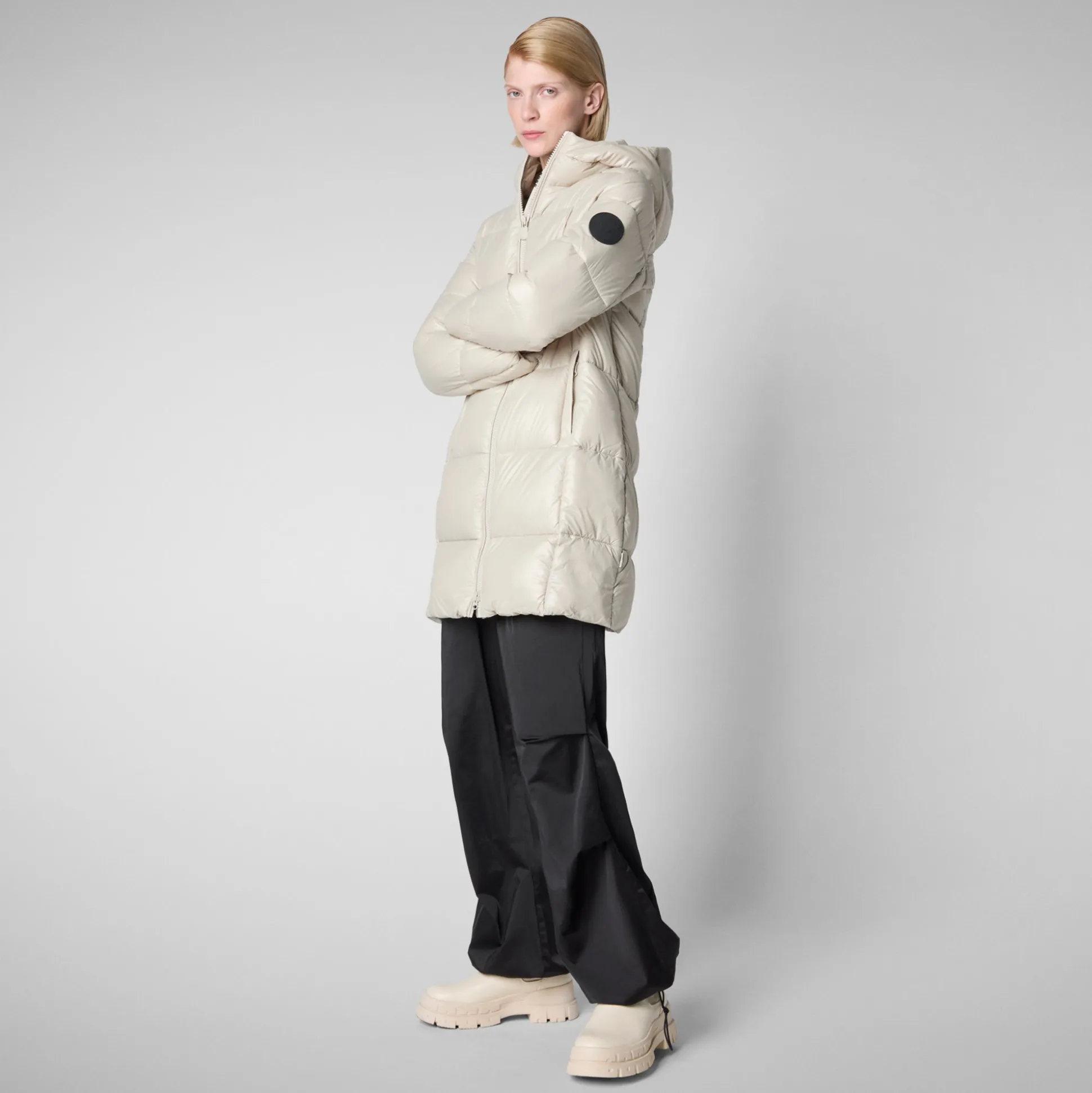 Women's Hooded Animal free Puffer Jacket Ines in Rainy Beige
