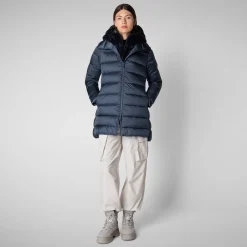 Women's Hooded Animal free Puffer Coat Matilda  with Faux Fur in Night Blue