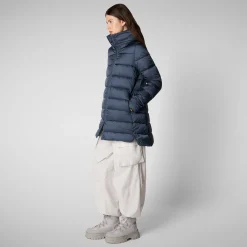 Women's Hooded Animal free Puffer Coat Matilda  with Faux Fur in Night Blue