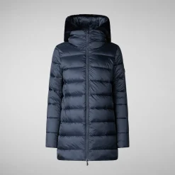 Women's Hooded Animal free Puffer Coat Matilda  with Faux Fur in Night Blue